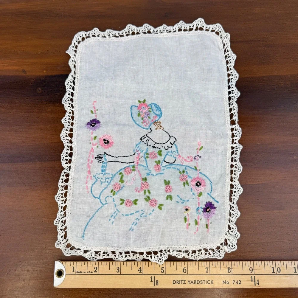 Vintage Hand Embroidered Linen Set Southern Belle Doilies Floral Handkerchiefs